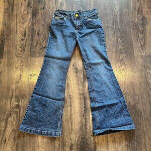 Girl's Bongo Denim Flare Blue jeans, Green Silver Pocket Embroidery, Size: 14